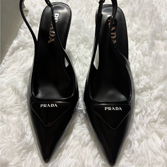 Prada Shoes - Prada Black Patent Slingback Pointed Pumps with Logo Plaque
